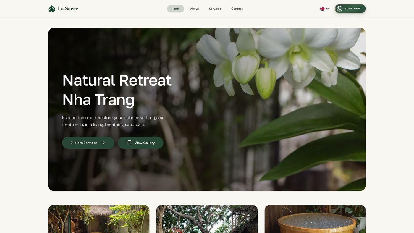 La Serre homepage showing the natural retreat hero with orchids and calls to action
