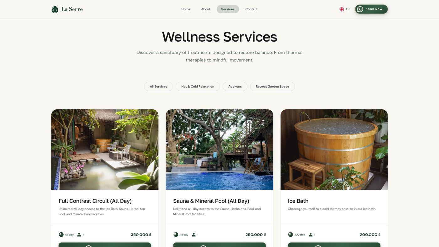 La Serre services page listing wellness offerings with pricing and duration